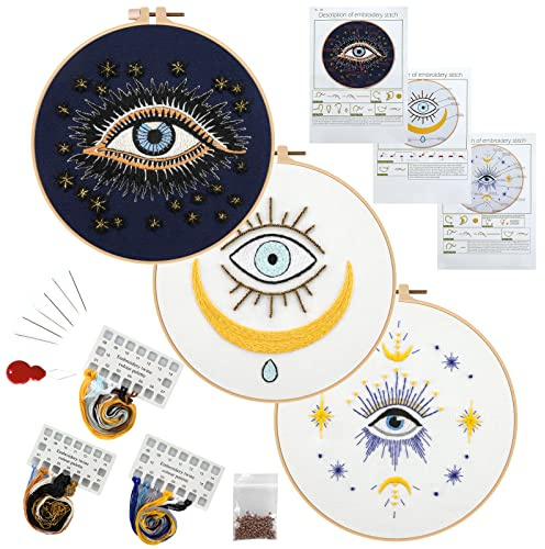 HAOCOO 3 Sets Stickset für Anfänger, Kreuzstich-Sets mit bösen Blick-Muster und Anleitung (evtl. nicht in deutscher Sprache), komplettes Sticktuch, Stickrahmen, Farbfäden und Werkzeug (Böse Blicke)