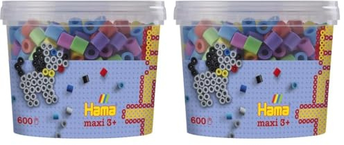 Hama Perlen 8571 Bügelperlen Dose mit ca. 600 bunten Maxi Bastelperlen mit Durchmesser 10 mm im Pastellmix, kreativer Bastelspaß für Groß und Klein (Packung mit 2)