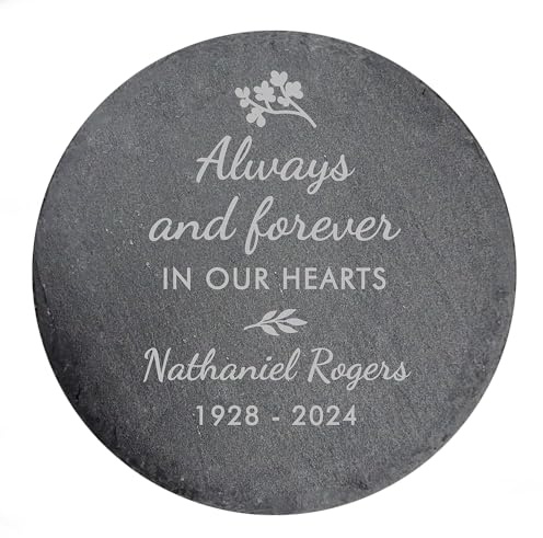 GiftsForYouNow Engraved Always in Our Hearts Personalized Memorial Garden Stone, 10 in Diameter, Headstone, Temporary Grave Marker, Sympathy Gift Round Slate