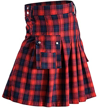 Kilt scozzese vintage da uomo taglie forti irlandese tartan ibrido a vita alta Utility Kilt gotico a pieghe con tasche, B# Rosso, S