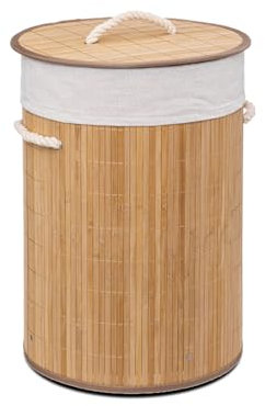 Acomoda Textil – Cesta de Bambú Plegable con Tapa y Asas para Lavandería de Gran Capacidad. Cesto Grande Organizador para la Ropa con Bolsa Extraíble y Lavable Color Madera. (35cmØ x50cm)