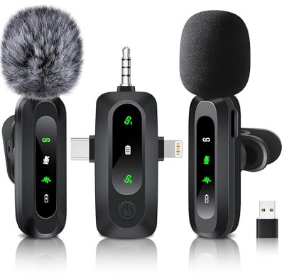 NexGlow Wireless Lavalier Microphone for iPhone - Android Phone/Camera/Computer/Laptop, 8 Hour Battery Mini Microphone with USB-C/3.5mm/USB Plug for Video Recording, Vlog, YouTube, TikTok