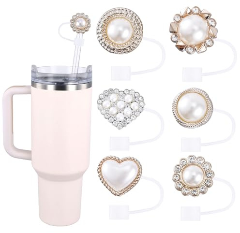6pcs Pearl Straw Cover for Stanley Straw, Reusable Sparkly Straw Toppers Bling Straw Tip Cover Lid Cap Drinking Straw Protector for Stanley Cup Tumbler Straw Accessory Decoration