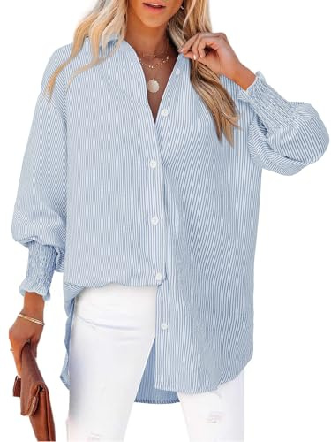 Button Down Shirts for Women Smocked Oversized Striped Shirts Boyfriends Casual Puff Business Work Tunic Wrinkle Free Tops Office