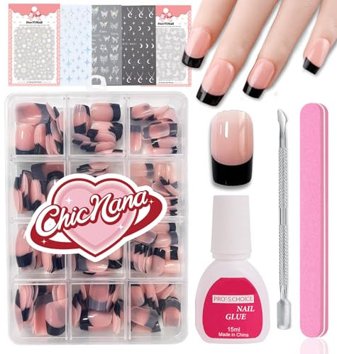 Black French False Nails Kit, 240Pcs Press On Nails, French Tips False Nails With Glue Acrylic Fake Nails 12 Sizes Stick On Nails Gift for Girls (Square- Black French)