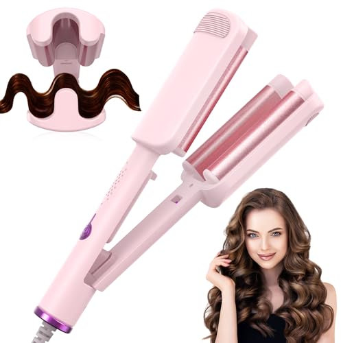 AISEELY 32MM Ceramic Curling Wand - 3 Barrel Beach Wave Hair Curler with Adjustable Temp (160°C-220°C), Anti-Scald Design & Travel Lock | Frizz-Free Waves for All Hair Types | Pink