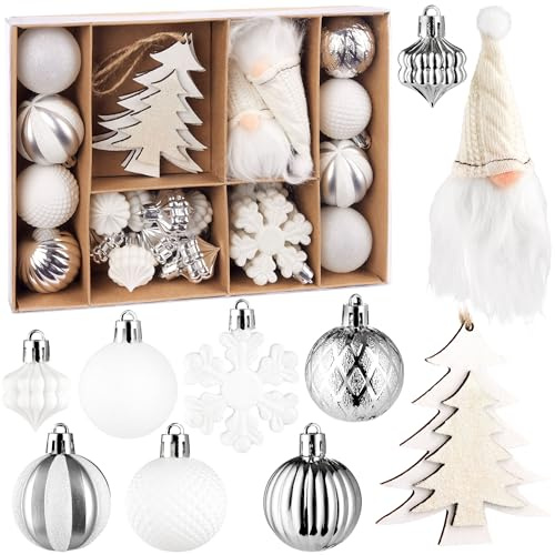 BRUBAKER 24 Stück Christbaumschmuck Weiß und Silber - Weihnachtskugel Set | mit Wichtel Zwergen, Tannenbäumen, Schneeflocken und gemusterte Glitzer Baumkugeln - Baumschmuck aus Holz und Plastik
