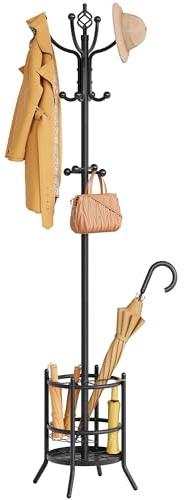 Tajsoon Coat Rack Stand with Umbrella Holder, Coat Tree Freestanding with 16 Hooks, Coat Hangers Stand for Living Room, Bedroom, Office, Black