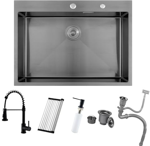BoomHoze Évier Noir Anthracite 75 X 45 Cm Avec Robinet De Cuisine Extensible Gris Noir, Égouttoir Et Siphon - 1 Bac Carré Encastré Avec 2 Trous