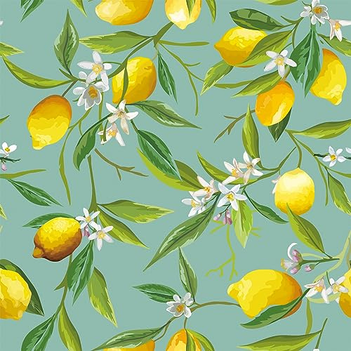 VEELIKE Tapete Zitrone Obst Grün Selbstklebende Tapete Blumen Zitrone Tropische Mustertapete 44.5 cm × 300 cm Fototapete Wohnzimmer Küche Badezimmer Flur Blumentapete Schrank Wasserfest Abnehmbar
