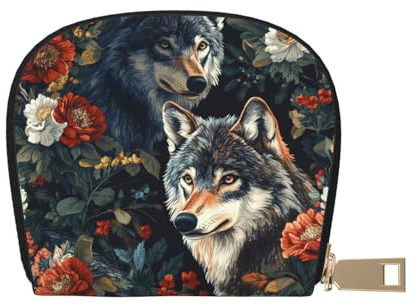 DFJMASFKOL Wolves Leather Bag Wolves with Colorful Flowers Wallet Flowers Card Pack New Parents - Pediatrician and Pharmacy Cards 9X11CM