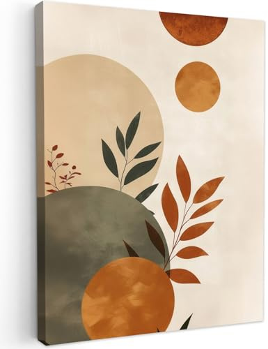 MuchoWow© Impression sur Toile Peinture 60x80 cm Tableau Mural Decoration Salon Reproductions de Tableaux Murale Moderne Formes - Rond - Feuilles - Beige