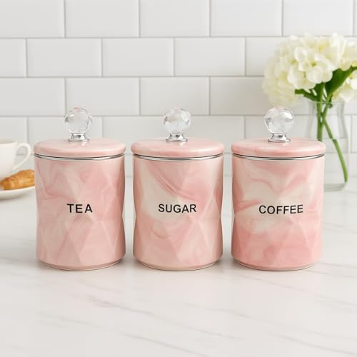 ONE BEST DEAL OBD Marble Tea Coffee Sugar Canisters Set Airtight Crystal Lids Unique Design Kitchen Decor & Housewarming Gift Set (Pink)