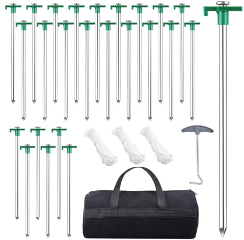 Preocea 24 Pack Tent Pegs Heavy Duty, 24.9cm Camping Stakes, Non-Rust Metal Tent Stakes, Ground Stake with 12 Pcs Rope and Storage Bags for Camping Garden Outdoor Travel, Green