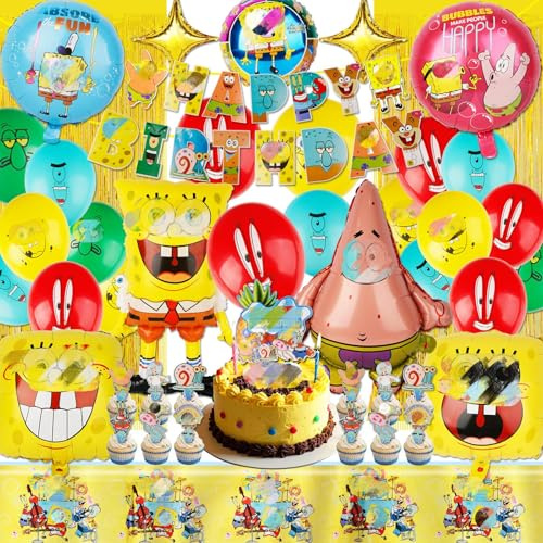 42 Stücke Gelb Geburtstag Deko, Cartoon Luftballons Geburtstagdeko,Unterwasserwelt Party Deko mit Regenvorhang Tischdecke Cake Topper Happy Birthday Banner für Kinder Geburtstags Party