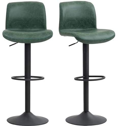 HOMCOM Barhocker Set 2er höhenverstellbar, Rückenlehne Fußstütze, Grün | Barhocker, PU-Leder gepolsterte Esszimmerhocker, für Küchentheke Frühstückstheke