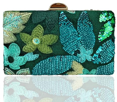 YAPAIOU Women's Beaded Sequin Flower Clutch Purse Floral Embroidery Evening Bag For Formal Wedding Cocktail Party Green