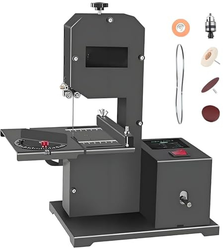 Sierra de cinta de sobremesa potente de 800 W, 1750 rpm, herramienta de corte pequeña para bricolaje doméstico, altura de corte de 70 mm, garganta de 90 mm, mesa metálica inclinable (0-45°)