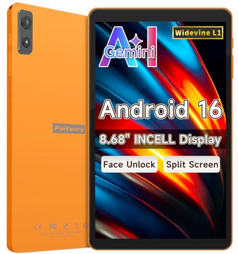 Android 16 Tablet, 8.7 90Hz IPS INCELL, 4G LTE & WiFi 5 Tablet, 16GB RAM 64GB ROM (Up to 2TB), Gemini AI, Widevine L1, 6000mAh, GPS, Face ID, Split Screen, Android Tablets with Transparent Case