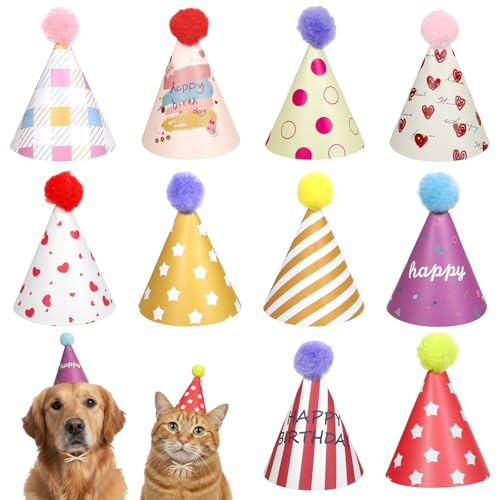 Partyhüte für Kuscheltiere 10 Stück, Mini Partyhüte für Stofftiere | Hunde und Katzen Niedliche Papierhüte mit Pompons, Perfekt für Haustiergeburtstage und Feiern