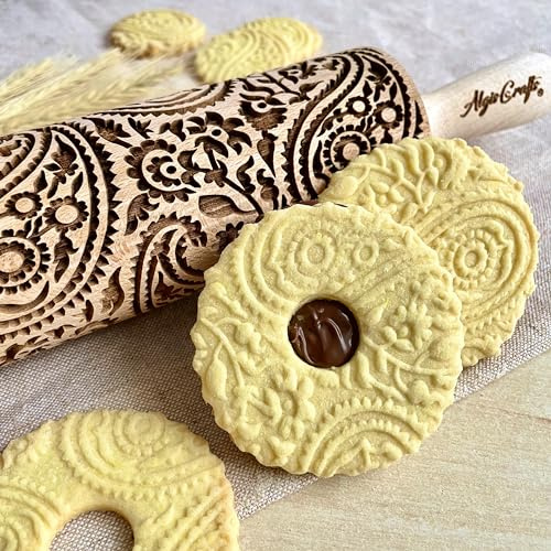 Nudelholz PAISLEY für hausgemachtes Gebäck. Teigroller mit Blumen. Gravierte Nudelholz. Länge 38cm. Gravierte Nudelholz mit Muster von Algis Crafts