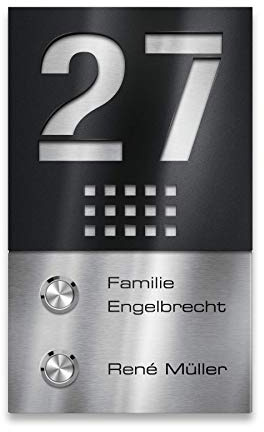 Metzler 2-fach Türklingel - Aufputz-Montage - mit Hausnummer und Familienname - rostfreier Edelstahl - wetterfest & massiv - Mehrfamilien-Haus (Schwarz Satiniert)