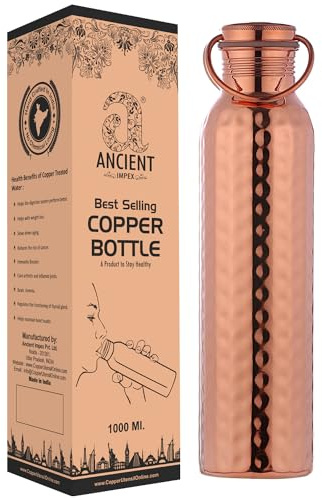 ANCIENTIMPEX Wasserflasche aus reinem Kupfer, gehämmert, mit Tragegriff, 1000 ml, auslaufsicher, ayurvedische Kupfer-Wasserflasche für Gesundheit und Hydratation