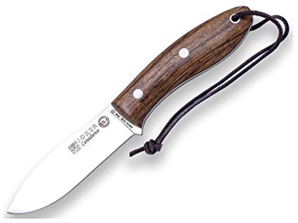 Joker Jagdmesser Canadiense CN114-P, Walnussholzgriff, mit Lederscheide, Gürtelmesser mit Klinge 10,5 cm aus SANDVIK 14C28N, inkl. Feuerstahl, Werkzeug zum Angeln, Jagen, Camping und Wandern