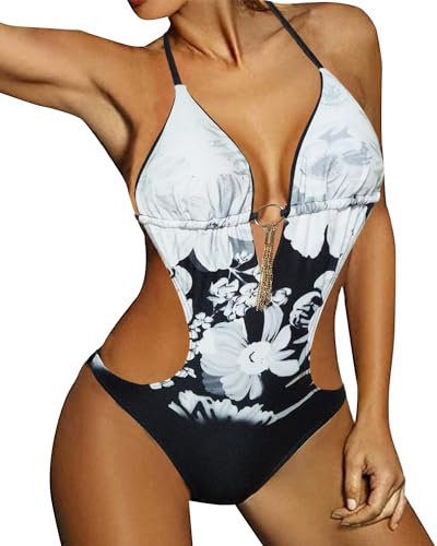 JFAN Costumi da Bagno Interi Donna Trikini Costume da Mare Spiaggia Piscina Sexy Costume da Bagno Intero Donna con Push-up Imbottitura, L -Fiore