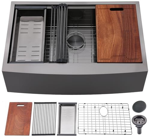 IKEBANA 33 Inch Black Farmhouse Sink, 16 Gauge Stainless Steel Undermount Kitchen sink, 33 x 22 Inch Apron Front Workstation Single Bowl Sink with Accessories