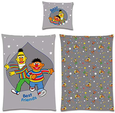 Sesamstrasse, Bettwäsche, 200 x 135, 80 x 80, 100% Baumwolle, Schadstoffgeprüft Öko Tex 100, 60 Grad waschbar, Ernie und Bert mit Sternen