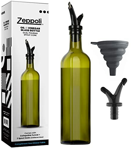 Zeppoli Kitchen Olive Oil Dispenser Bottle Set 17 oz - Oil & Vinegar Dispenser Set - 2 Removable Dual Spout, Pouring Funnel - Oil & Vinegar Glass Bottle Set-Oil Cruet for Kitchen, Stainless Steel