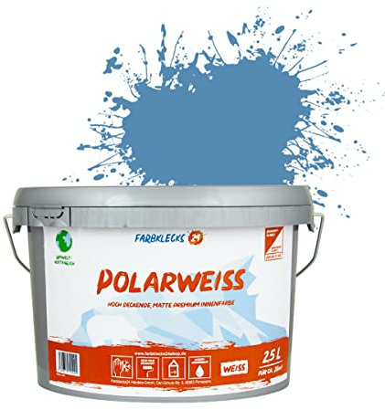 Farbklecks24 Polarweiss Color (versch. Farben) premium Wandfarbe, weiss, sehr hohe Deckkraft, Wandfarbe, Deckenfarbe, Deckkraft Klasse 1, Nassabrieb Klasse 2 (2,5L, Blau 6-3)