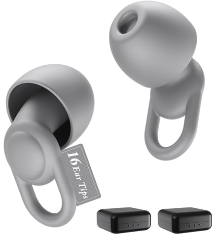 Silicone Ear Plugs for Noise Reduction - Reusable Soft Comfortable Earplugs for Sleeping, Noise Sensitivity & Flights - 16 Ear Tips in XS/S/M/L, with 2 Travel Boxes - 33dB