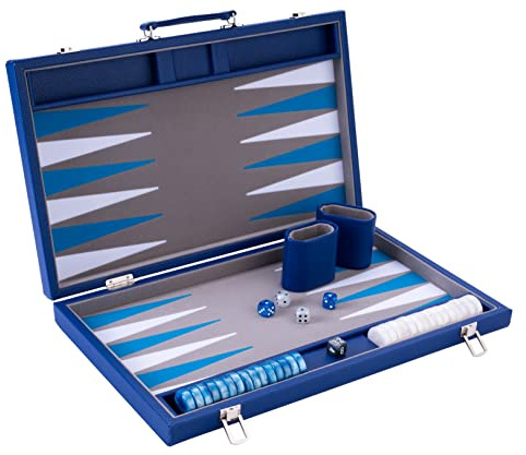 Engelhart - 250526 - Grand Backgammon 18 Pouces de Luxe (45,5 cm) - Bleu - Feutre Haute Qualité - Dés et Pions Nacrés - Valise Mousse et Simili Cuir - Jeu de Backgammon - 2 joueurs - A partir de 6 ans