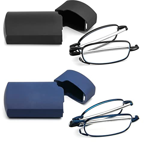 KoKoBin Faltbare 2 Pack Lesebrille aus Edelstahl Mini Anti-Blau Sehnhilfe für Damen und Herren Lesehilfe mit Hartschalen-Etui 1.5