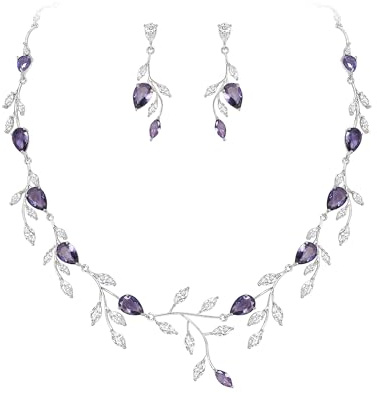 EVER FAITH Set di Gioielli da Festa per Donna, Scintillante Zirconia cubica Pera Birthstone Foglia Collana Orecchini per Prom Viola Argento-Fondo