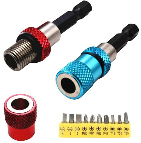 RoxNvm juego de puntas para atornillador, Set de 2 adaptadores para atornillador de paneles de yeso, Portapuntas magnético, Vástago hexagonal de 1/4 de pulgada, Punta para yeso (rojo + azul)