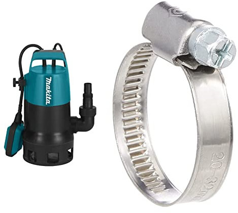 Makita PF0410 elektrische Tauchpumpe, Schmutzwasser bis 35 mm Partikelgröße, 400 Watt & Cornat Schlauchschelle - Ø 20-32 mm Spannweite - 9 mm Bandbreite - 2 Stück im Set
