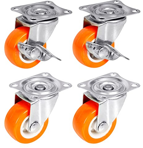 PRIOstahl Lenkrollen Möbelrollen Bremsrollen Schwerlastrollen Transportrollen - 4er SET: 2 Lenkrollen + 2 Lenkrollen mit Bremse 38mm Orange Rollen für Möbel Spurlos & Leise Premium Rollensatz