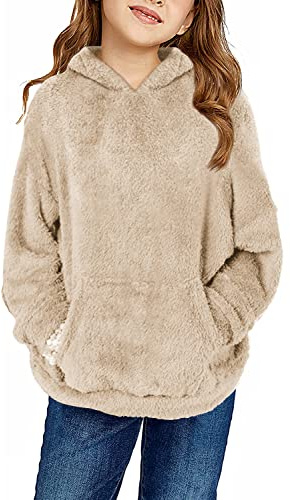 Runcati pullover flicka huvtröja fuzzy teddy fleece tröjor med huva fickor fritid varm barn huvtröjor, kaki, 12-14 år
