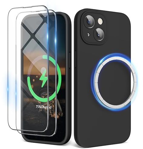 SURPHY für iPhone 15 Hülle Silikon (6,1) kompatibel mit MagSafe mit Displayschutzfolie & Vollständiger Kameraschutz, Handyhülle iPhone 15 Case mit Magnete, Schwarz