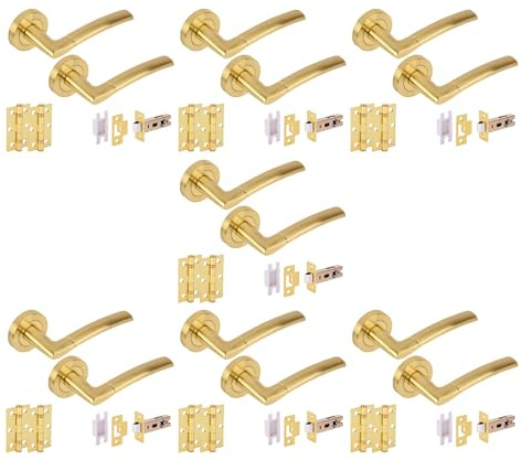 Hunta HANDLEZONE® 7 Sets Neemo Internal Door Handles on Rose Lever Latch Packs with Ball Bearing Hinges - Brushed Brass