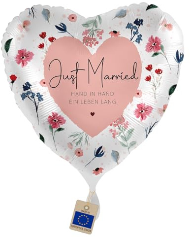 Just Married Folienballon Herz – Hochzeitsballon „Hand in Hand ein Leben lang“, Heliumballon Hochzeit, Geschenk & Deko für Brautpaar, Flitterwochen, Honeymoon, Made in EU