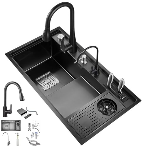 KOOGIMDDR 82CM Schwarze Küchenspüle aus Edelstahl, abgestufte Barspüle mit einem Becken, Tassenspüler und ausziehbarem Wasserhahn, 1,5 Becken, Dual-Montage