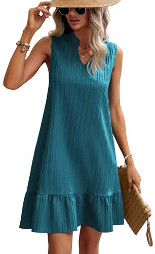 ZEAGOO Sommerkleider Damen Kurz Elegant Smock Dress V Ausschnitt ärmellos Strandkleider Casual Rüschenkleid Blau Grün XXL