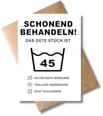 WBdesignz Lustige Geburtstagskarte mit Umschlag - Schonend Behandeln! 45. Geburtstag Geschenkkarte Happy Birthday - 45ter Geburtstag Witzige Wäsche Glückwunschkarte (DIN A6)