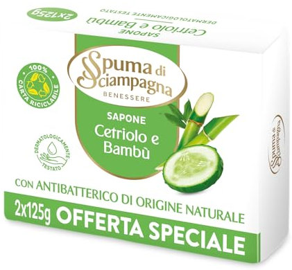 Spuma di Sciampagna - Saponetta Fragranza Cetriolo e Bambù, con azione Igienizzante e Antibatterico di Origine Naturale, Dermatologicamente Testato - 2pz, 125g