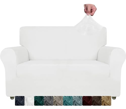CHELZEN Samt Couchbezüge 2-Sitzer Dicke Stretch Sofa Bezüge für Hunde Haustiere rutschfeste Liebe Sitz Couch Slipcover Waschbare Möbel Schutz für Wohnzimmer (2 Sitzer, Weiß)