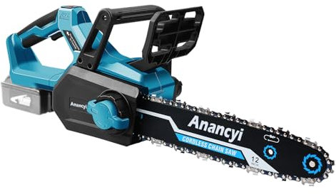 Anancyi Bürstenlose Akku Kettensäge 12 Zoll, Kettensäge Elektro mit Kettenschmierung,Kompatibel mit Makita 18V Akku,Werkzeuglose Kettenspannung,Kettensäge für Gartenscheren Holzschneiden （Ohne Akku ）